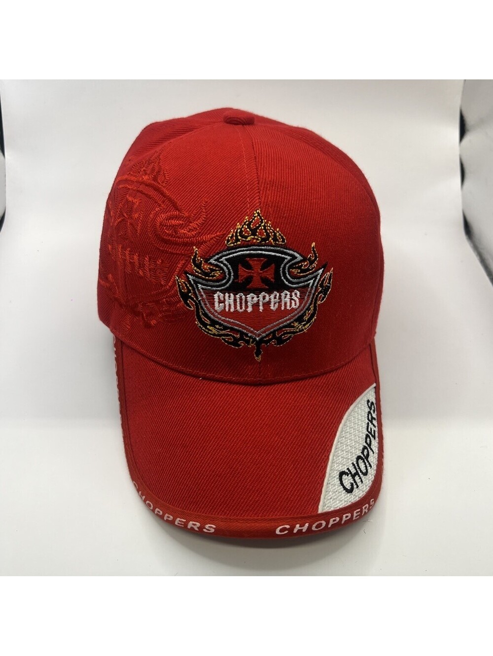 Red Choppers Hat Emblem and Writing Hook and Loop Back by Cap Together